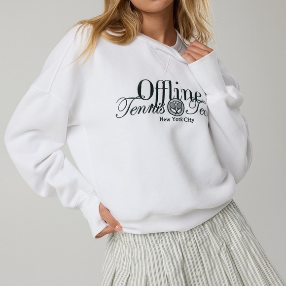 aerie Tops - OFFLINE By Aerie Cloud Fleece Classic Crewneck Sweatshirt White Tennis Team